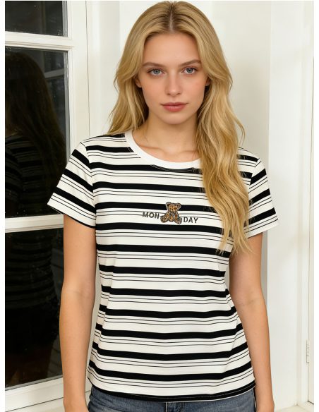 Maglietta a righe con orsetto di strass