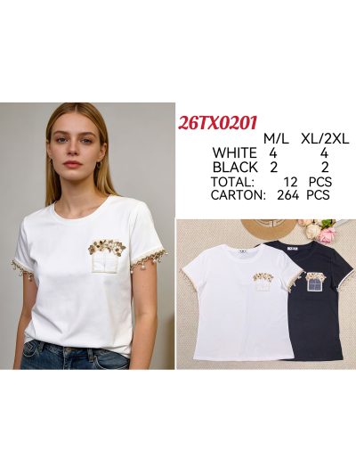 Camiseta bolsillo floral y manga perlas 2