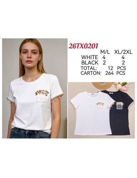 Camiseta bolsillo floral y manga perlas