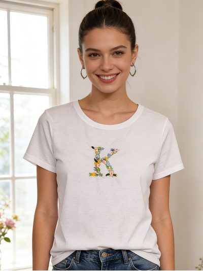 Camiseta bordada inicial k floral
