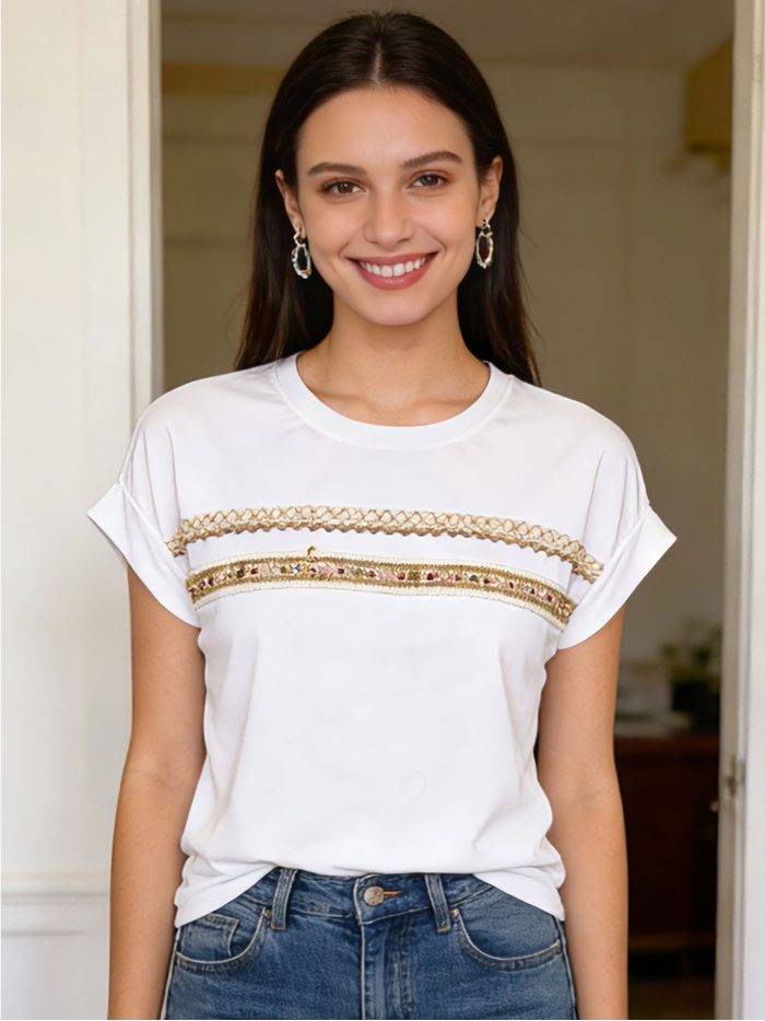 Camiseta banda bordada abalorios