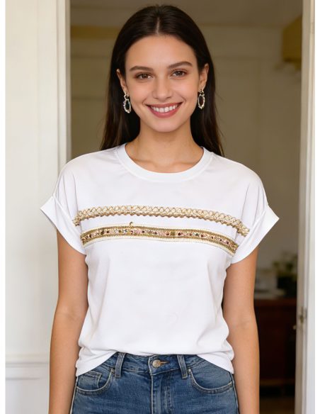Camiseta banda bordada abalorios