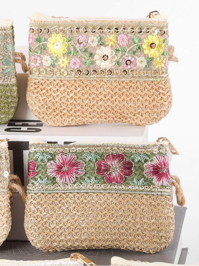 Floral embroidered raffia effect coin pouch