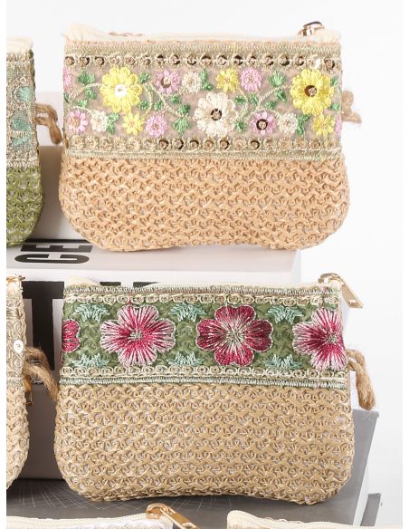Floral embroidered raffia effect coin pouch