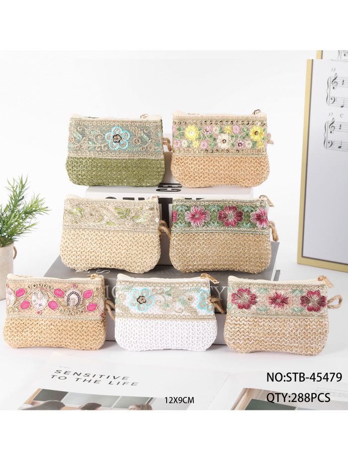 Floral embroidered raffia effect coin pouch