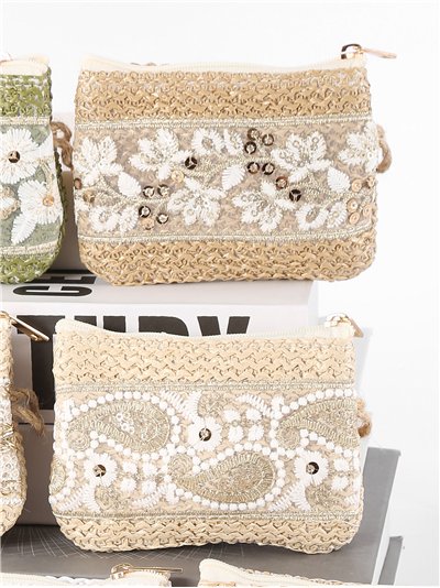 Monedero efecto rafia encaje bordado