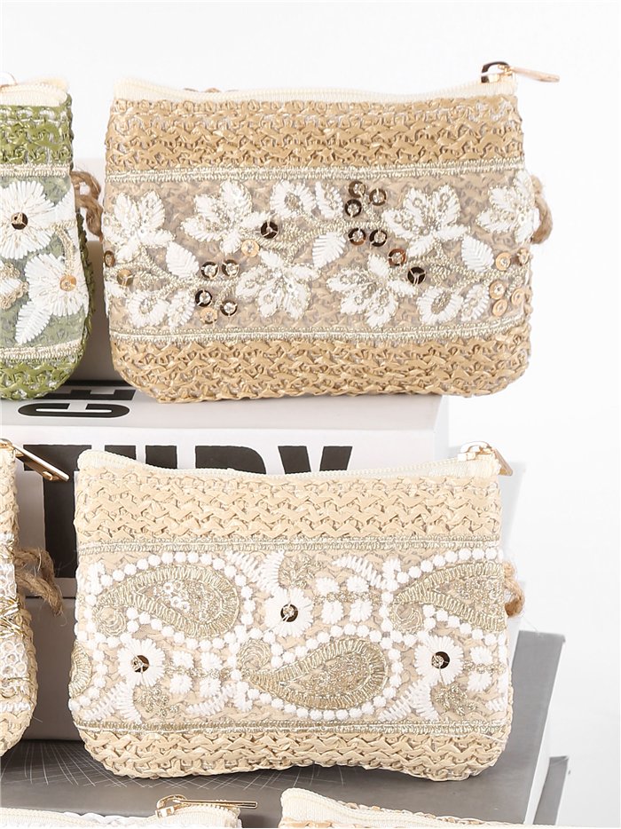 Monedero efecto rafia encaje bordado