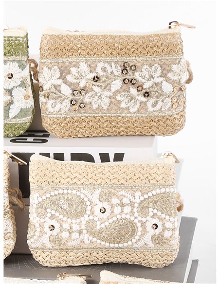 Monedero efecto rafia encaje bordado