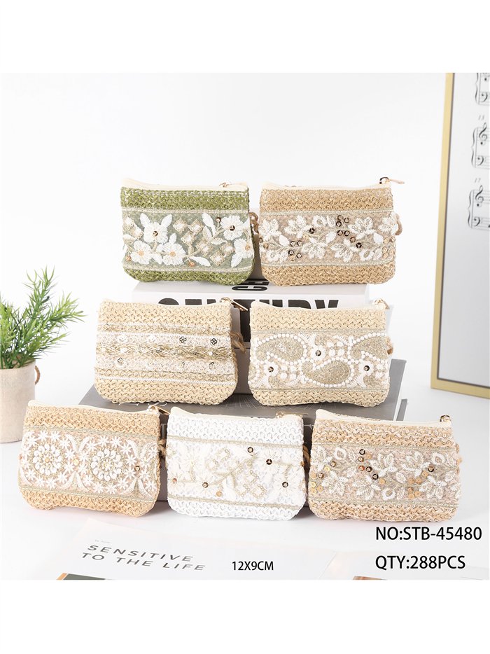 Monedero efecto rafia encaje bordado