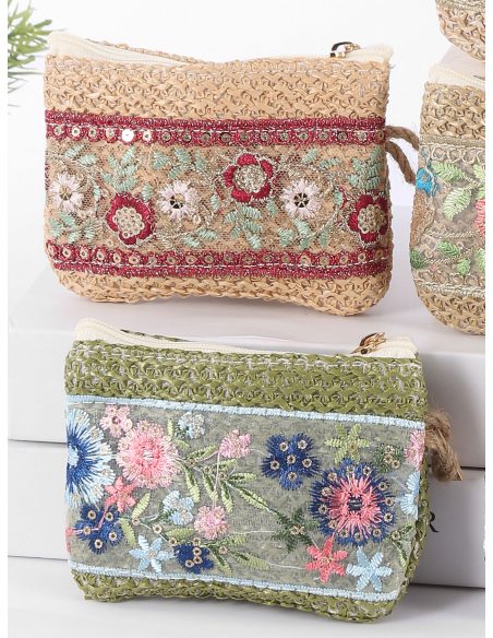 Colorful embroidered raffia effect coin pouch