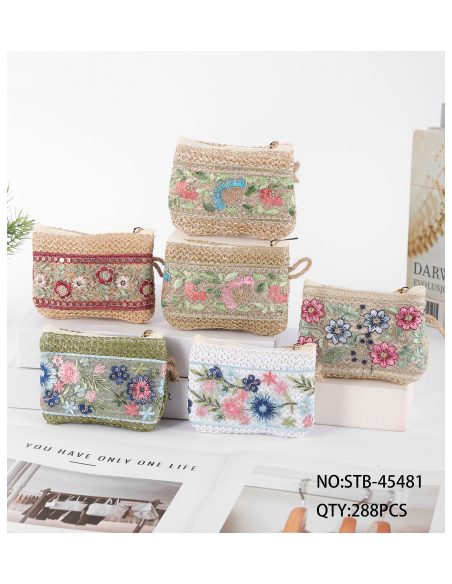 Colorful embroidered raffia effect coin pouch