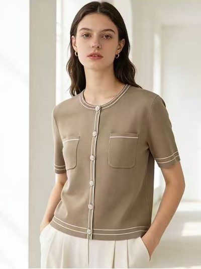 Chaqueta punto contraste manga corta bolsillos