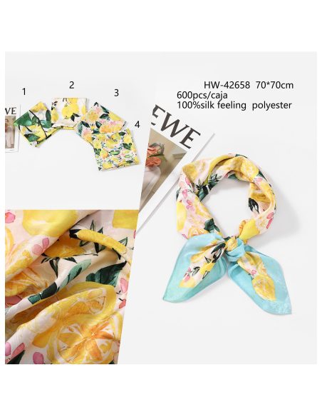 Lenço quadrado com estampa de limão em efeito seda