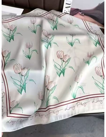 Lenço quadrado de cetim com tulipas