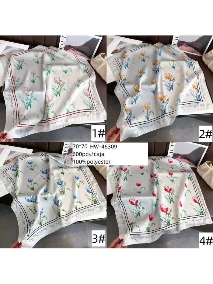 Lenço quadrado de cetim com tulipas