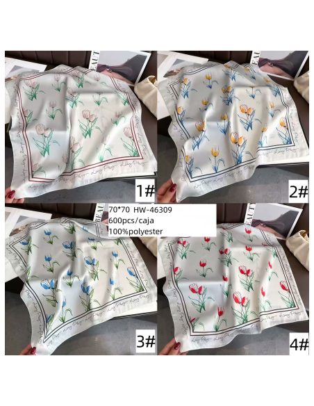 Lenço quadrado de cetim com tulipas