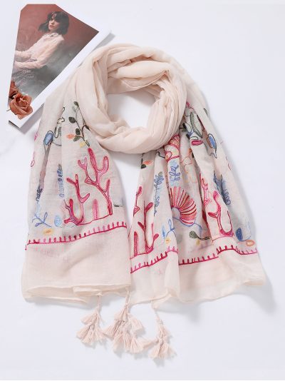 Fular bordado coral borlas