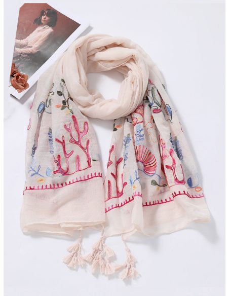 Lenço bordado em coral com franjas