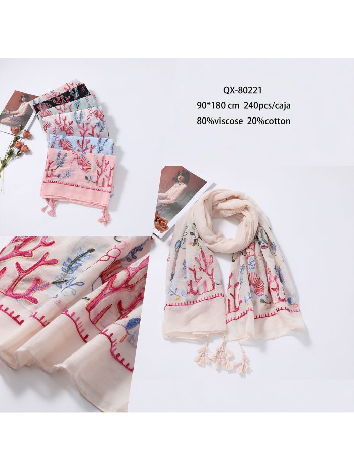 Lenço bordado em coral com franjas