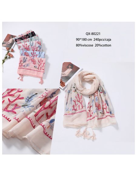 Lenço bordado em coral com franjas