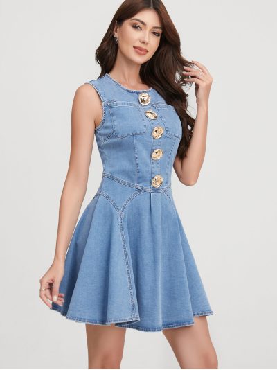 Vestido denim evasé botones joya