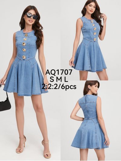 Vestido denim evasé botones joya 2
