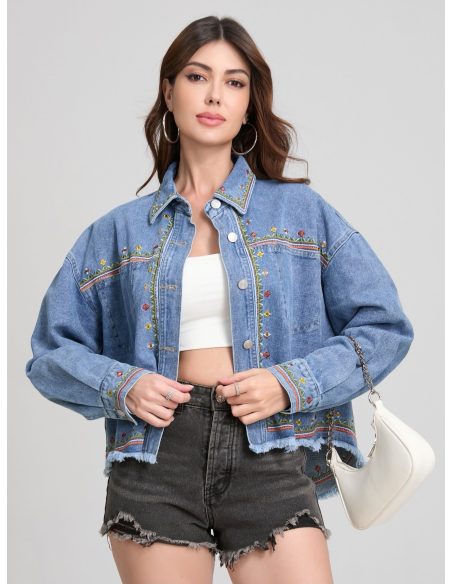 surchemise en denim brodée de fleurs