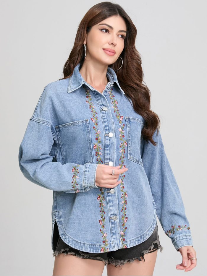 Embroidered floral denim overshirt