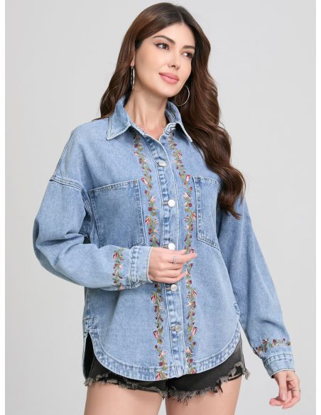 Embroidered floral denim overshirt