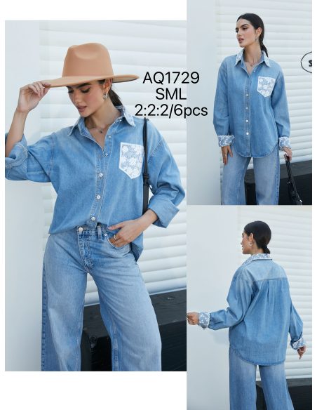 Denim overshirt with lace pocket