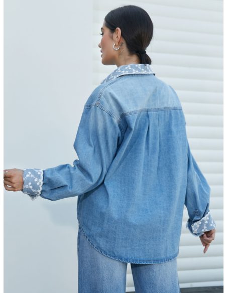 Denim overshirt with lace pocket