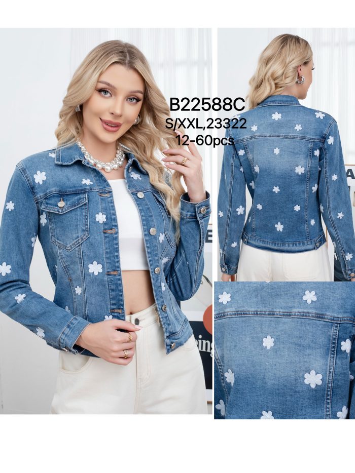 Chaqueta denim bordada flores en relieve