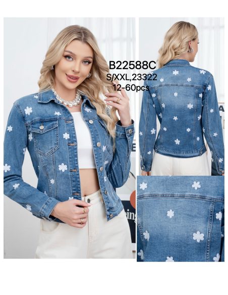 Chaqueta denim bordada flores en relieve