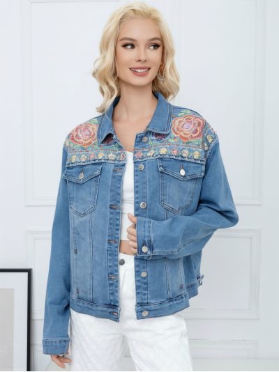 Chaqueta denim bordado floral talla grande