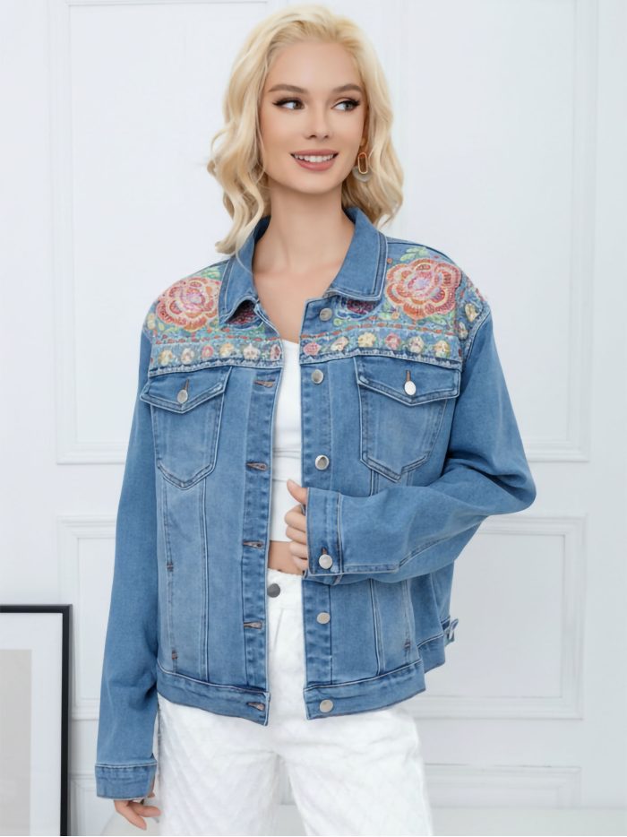 Chaqueta denim bordado floral talla grande