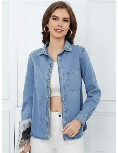 Jeanshemd mit gesticktem Rand