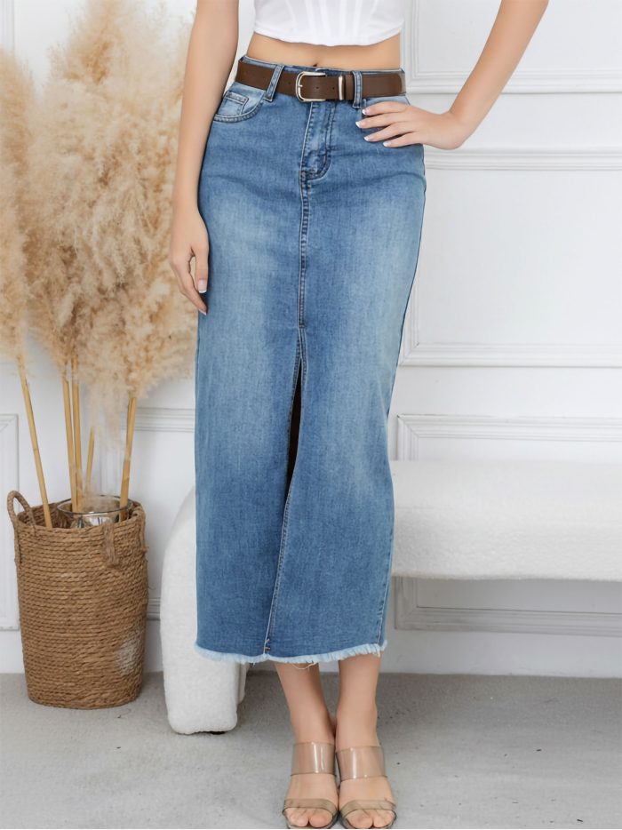 Belted long denim skirt with slit