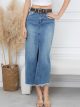 Belted long denim skirt with slit