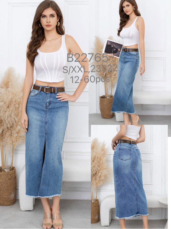 Belted long denim skirt with slit