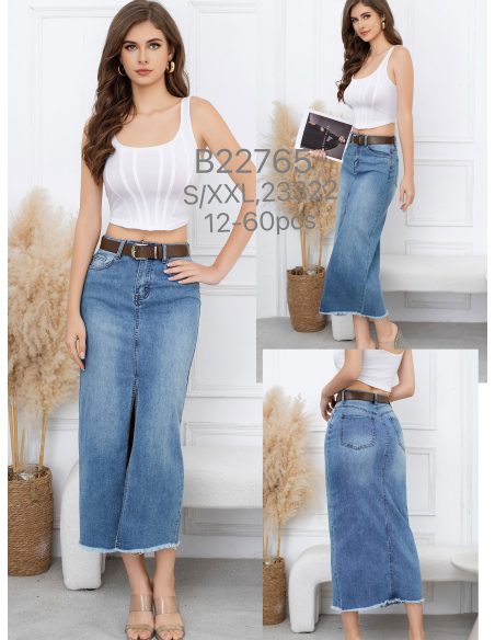 Belted long denim skirt with slit