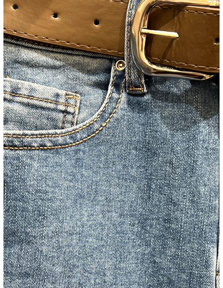 Belted long denim skirt with slit