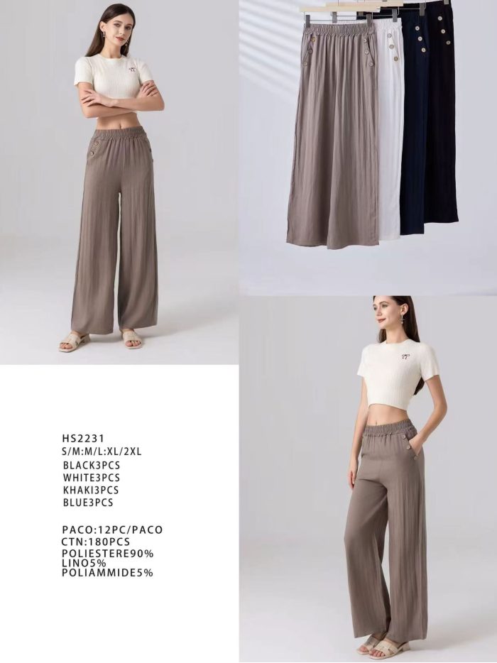 Pantaloni palazzo effetto lino con tasche con bottone