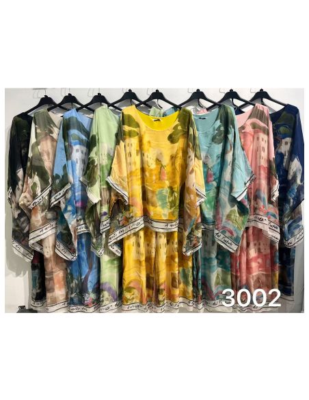 Conjunto de blusa maxi estampada em chiffon + calça