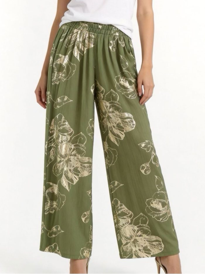 Pantaloni palazzo con fiori effetto oro