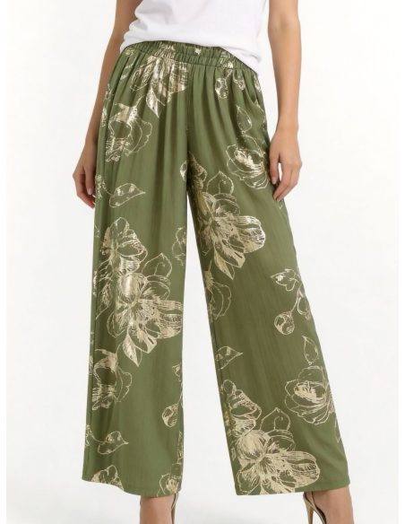Pantaloni palazzo con fiori effetto oro