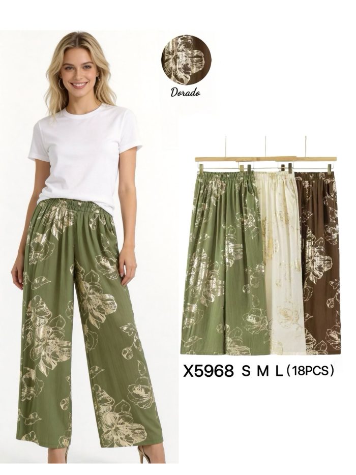 Pantaloni palazzo con fiori effetto oro