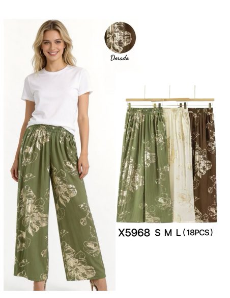 Pantaloni palazzo con fiori effetto oro