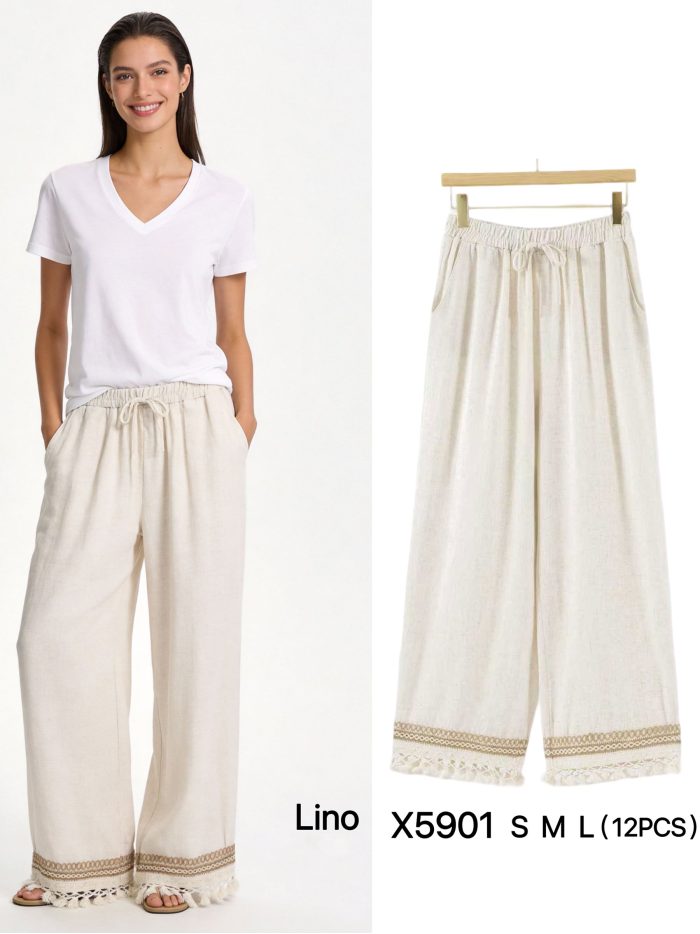 Pantalón lino cenefa borlas