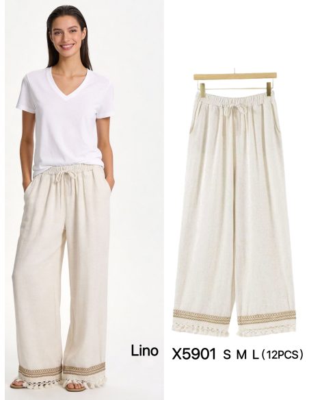 Pantalón lino cenefa borlas