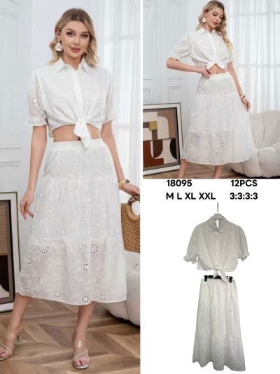 Conjunto calado camisa nudo + falda midi 2